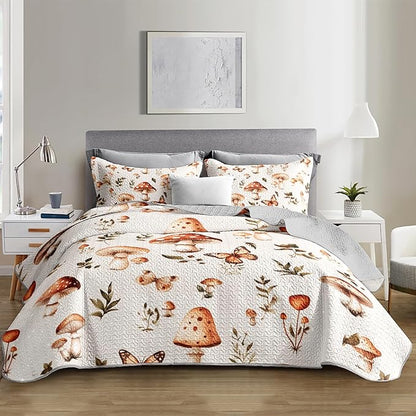 Mushroom Bedding Quilt Set for Kids Teens and Adults Room Decor,Natural Wild Fungus Plant Pattern Bedding Queen Size,Soft and Breathable Summer Quilts with 2 Pillowcases.