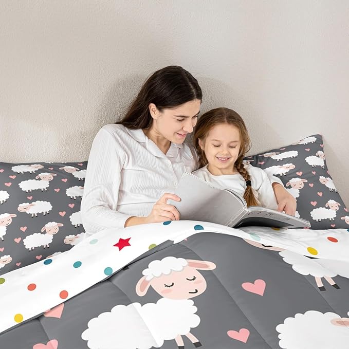 Cartoon Sheep Kids Bedding Set,Cute White Farm Animals Comforter Set for Boys Girls Teens,Romantic Pink Hearts Decor Graffiti Down Comforter with 2 Pillowcases King Size 3 Pcs
