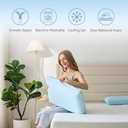 Cooling Pillow for Sleeping, Gel Memory Foam Pillow with Reversible Cover, Neck Support for Side, Back and Stomach Sleepers, Removable & Machine Washable Cover, Bed Pillows for Hot Sleepers, Blue