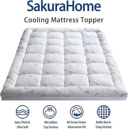 Mattress Topper Twin XL Size, Cooling Extra Thick Breathable Viscose Made from Bamboo Mattress pad, Soft Quilted Fitted Mattress Cover with 1000 GSM Down Alternative Fill (8-21”Deep Pocket)