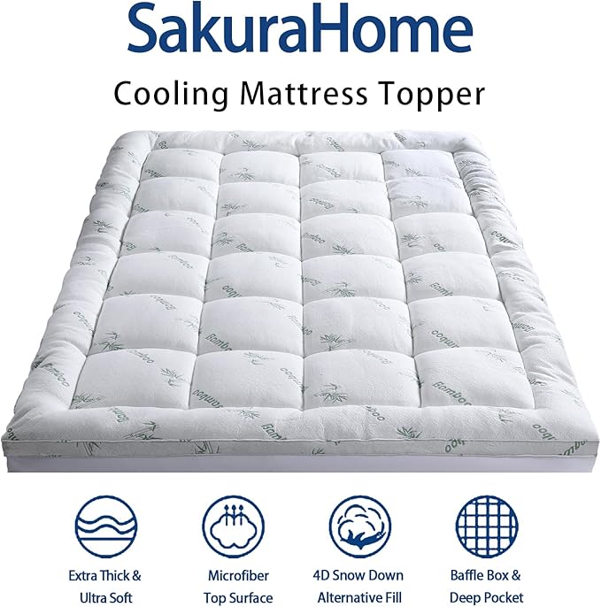 Mattress Topper Full Size, Cooling Extra Thick Breathable Viscose Made from Bamboo Mattress pad, Soft Quilted Fitted Mattress Cover with 1000 GSM Down Alternative Fill (8-21”Deep Pocket)