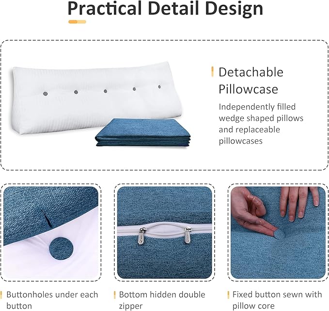 Wedge Headboard Pillow Dorm Room Reading Pillow Back Support for Sitting Up in Bed Bolster Lumbar Cushion Body Positioning Bedrest Cotton Linen 39in Blue Twin