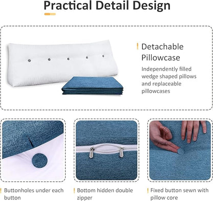 Wedge Headboard Pillow Dorm Room Reading Pillow Back Support for Sitting Up in Bed Bolster Lumbar Cushion Body Positioning Bedrest Cotton Linen 39in Blue Twin