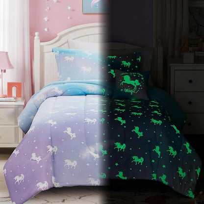 Full Size Comforter Set for Girls-4 Pieces Unicorn Glow in The Dark Full Bedding Sets for Kids, 1 Comforter, 2 Shams and 1 Decor Pillow
