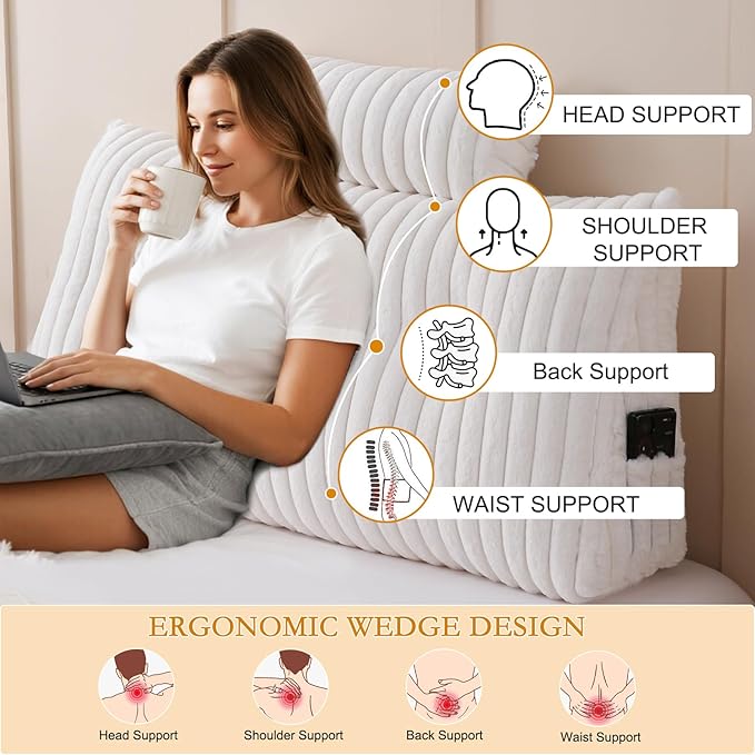 YOUR MOON Large Wedge Headboard Pillow Twin for Back with 1 Roll Pillow, Faux Fur Backrest Cushion with Shredded Memory Foam, Triangular Wedge Reading Pillow for Bed Sitting Up Sleeping, White