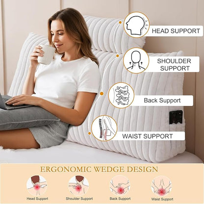 YOUR MOON Large Wedge Headboard Pillow Twin for Back with 1 Roll Pillow, Faux Fur Backrest Cushion with Shredded Memory Foam, Triangular Wedge Reading Pillow for Bed Sitting Up Sleeping, White