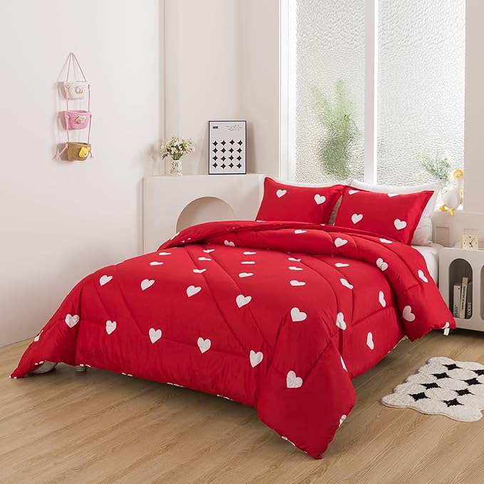 Caressma Love Comforter Set King Size - Cute White Heart Print Red Bedding Comforter 3 Pieces Matching Pillowshams