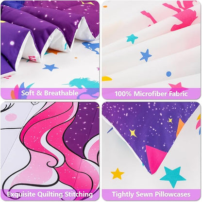 Unicorn Queen Bedding Sets for Girls Kids Teens, 8 Piece Bed in a Bag Purple Rainbow Theme Unicorn Comforter Set Bedroom Decor with Printed Sheet Set
