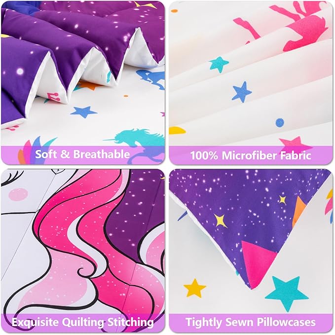 Unicorn Twin Bedding Sets for Girls Kids Teens, 6 Piece Bed in a Bag Purple Rainbow Theme Unicorn Comforter Set Bedroom Decor with Printed Sheet Set