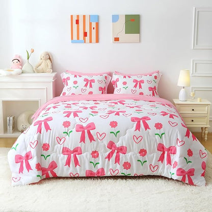 Pink Bow Comforter 7 Pieces Comforter Set Queen Size Pink Flower Bow Comforter for Girls Kids Romantic Princess Style Bow Tie Bedding Set Super Soft All Season