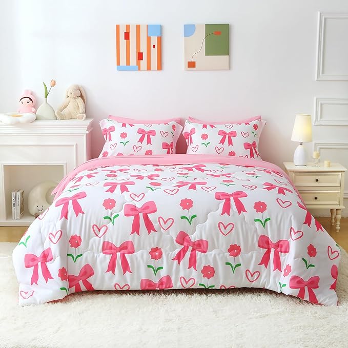 Pink Bow Comforter 7 Pieces Comforter Set Full Size Pink Flower Bow Comforter for Girls Kids Romantic Princess Style Bow Tie Bedding Set Super Soft All Season