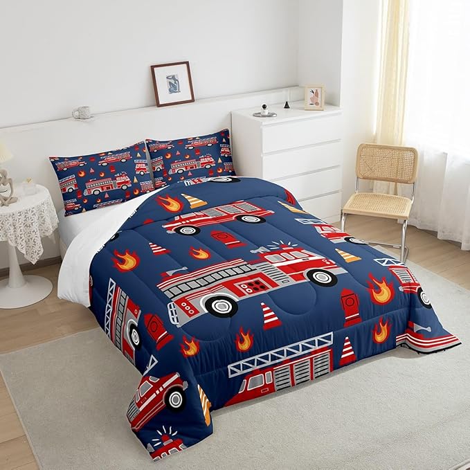 Feelyou Cartoon Car Bedding Set Fire Truck Comforter Set for Kids Boys Girls Teens Room Decor Firefighter Comforter Firemen Car Vehicle Fire Engine Blue Red Duvet Set 3Pcs Queen Size