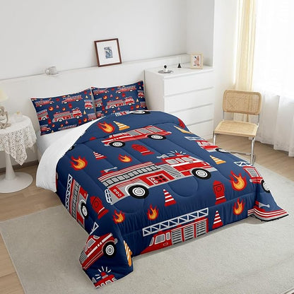 Feelyou Cartoon Car Bedding Set Fire Truck Comforter Set for Kids Boys Girls Teens Room Decor Firefighter Comforter Firemen Car Vehicle Fire Engine Blue Red Duvet Set 3Pcs Queen Size