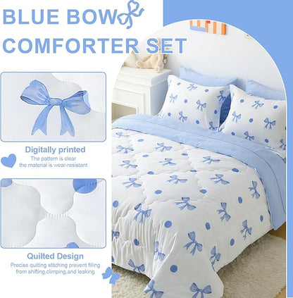 Wajade 7 Piece Blue Bow Comforter Set for Girls Kids Twin Size Bedding Set with Sheet and 2 Pillowcases 2 Pillow Shams Cute Girls Bed in a Bag as Birthday Choice
