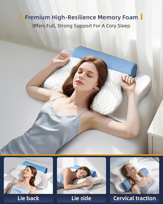 Cervical Neck Pillows with Round Cervical Roll Cylinder Bolster Traction Pillow(2 in 1 Removable) Ergonomic Contour Memory Foam Pillow for Relaxer Neck&Shoulder Pain Relief for Sleepers(White&Blue)