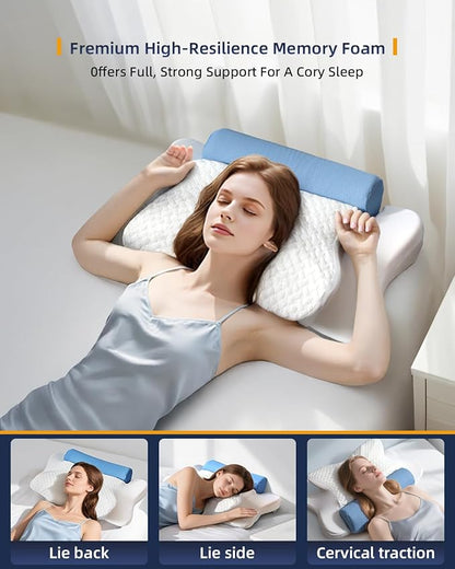 Cervical Neck Pillows with Round Cervical Roll Cylinder Bolster Traction Pillow(2 in 1 Removable) Ergonomic Contour Memory Foam Pillow for Relaxer Neck&Shoulder Pain Relief for Sleepers(White&Blue)