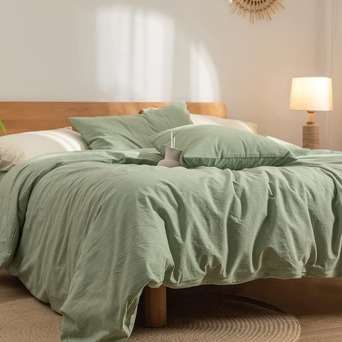 Green Duvet Cover Queen, 100% Washed Cotton Linen Like Textured Solid Color Casual Modern Style Green Bedding Set, with Zipper Closure, Luxury Soft Relaxed Feel Natural Wrinkled Comfy (3pcs, Queen)