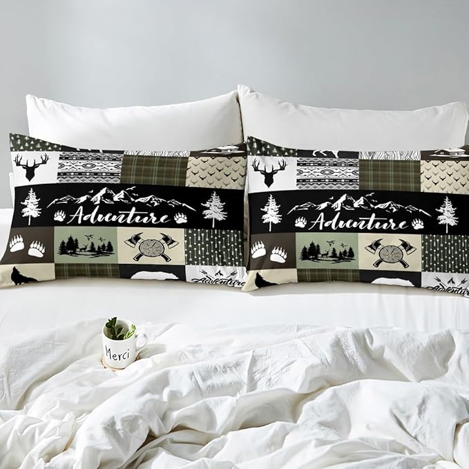 Castle Fairy Deer Antlers Bedding Set Twin Size,Bear Pine Arrow Hunting Adventure Comforter Cover Set for Kids Girls,Camper Retro Green Plaid Checkered Bedding Quilt Cover Set Bedroom Decor, 2 Pcs