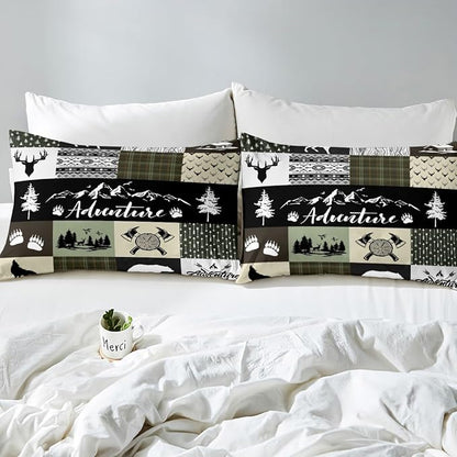 Castle Fairy Rustic Farmhouse Duvet Cover Queen Size,Bear Deer Wolf Wild Animals Patchwork Duvet Cover Set for Children,Cabin Decor Exotic Aztec Boho Soft Comforter Cover for Dorm Room, Zipper, Ties