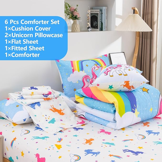Unicorn Twin Bedding Sets for Girls Kids Teens, 6 Piece Bed in a Bag Purple Rainbow Theme Unicorn Comforter Set Bedroom Decor with Printed Sheet Set