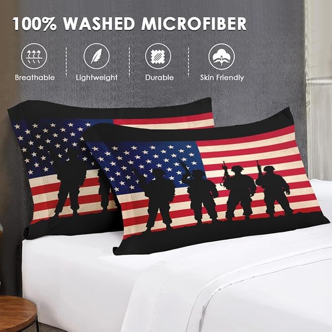 Queen Size Comforter Set with 2 Pillowcase, Vintage Military Retro Soft 3 Pcs Bedding for Kids and Adults, Patriotic Army Memorial Comforter Set for Room Bedroom Bed Decor