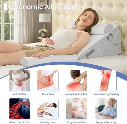 Sasttie Wedge Pillow Set for After Surgery, 3PCS Adjustable Bed Wedge Pillow Headboard with Memory Foam Neck Cushion – for Acid Reflux, Sleeping, Neck & Back Support, Light Grey & White