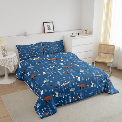 Bear Comforter Set King Size,Navy Cartoon Animals Bedding Set Kids Cute Fox Rabbit Quilt Set 3Pcs for Girls Boys Bedroom Decor,Pine Tree Jungle Adventure Style Duvet Insert,2 Pillowcases