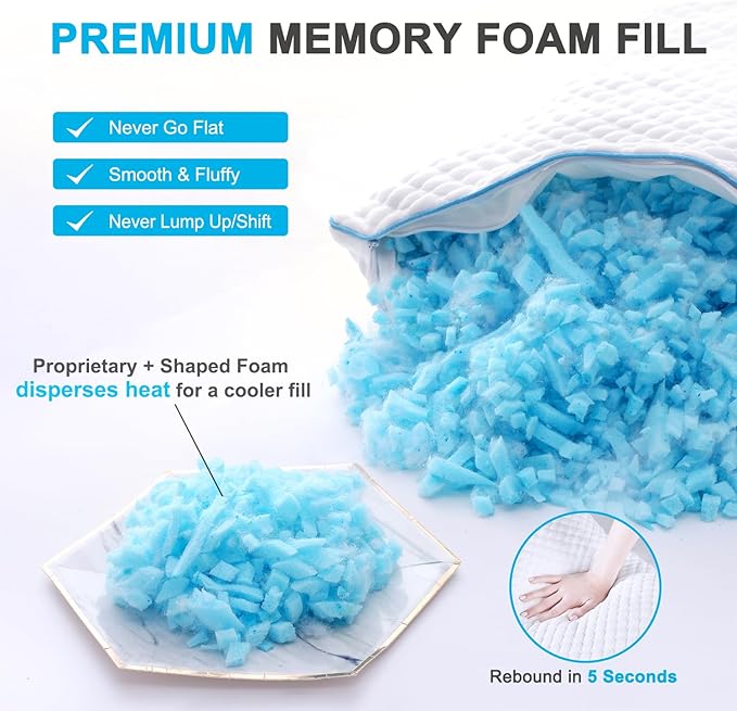 VVZ Cooling Bed Pillows King Size Set of 2, Shredded Memory Foam Pillows for Side Back Stomach Sleepers, Luxury Cool Gel Adjustable Firm Bed Pillows for Sleeping 2 Pack King Size 20 x 36 Inches