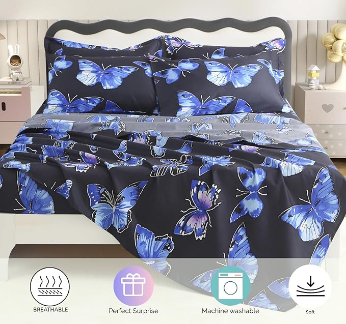 SDY 7PCS Butterfly Bedding Twin Bed in A Bag Twin Girls Boys and Kids with Butterfly Comforter, Flat Sheet, Fitted Sheet and Pillowcases & Shams