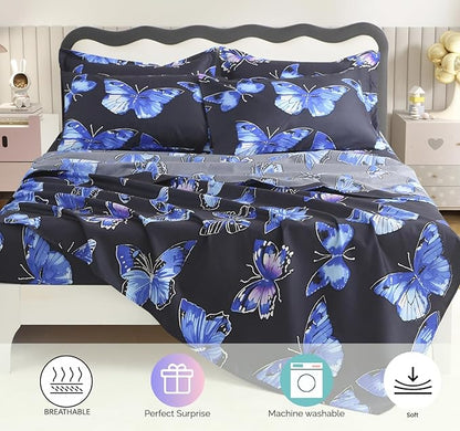 SDY 7PCS Butterfly Bedding Set Queen Butterfly Comforter Set and Bed Sheets Bed in A Bag for Toddler,Girls Boys and Kids, with 1Comforter, 1FlatSheet, 1Fitted Sheet,Pillowcases & Shams