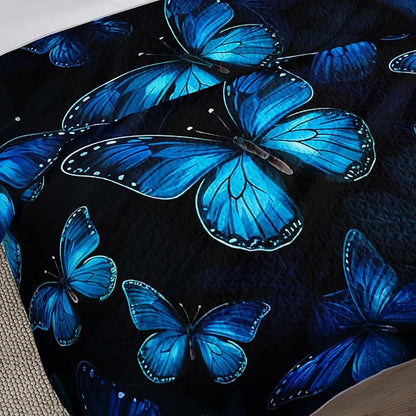 Full Size Quilt Set,Blue Butterfly Botanical Pattern Bedding Set,3 Piece Lightweight Soft Summer Quilted Bed with 2 Pillowcases for All Season.