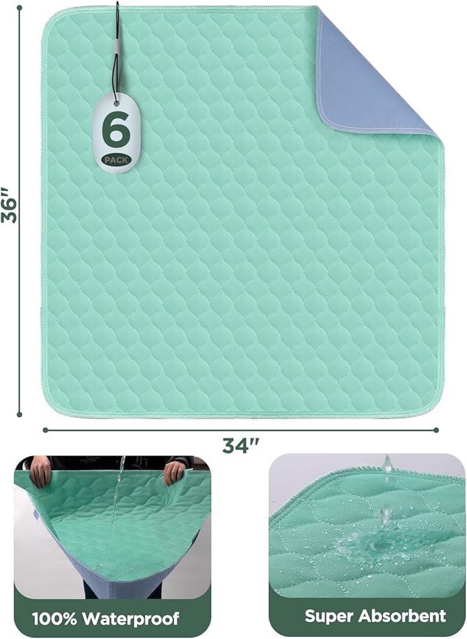 Hide Stains Bed Pads Washable Waterproof for Incontinence, 4-Layer Absorbency Pee Pads, Washable Underpad, Bed Wetting Pad for Elderly, Adults, Pets, 34"x36"-6 Pack, Green