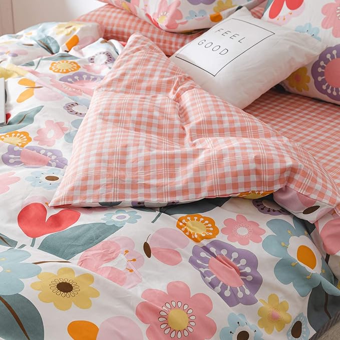 Floral Botanical Duvet Cover Queen, 100% Cotton 3 pcs Queen Botanical Bedding Set for Girls, Reversible Floral Themed Blossom Fresh Plant Duvet Cover, with Zipper Closure, Breathable (No Comforter)