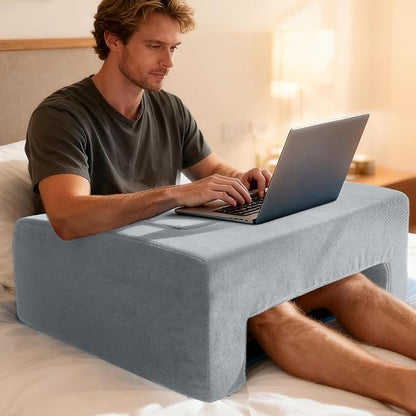 Reading Pillow for Gaming Lap Desk Pillow for Laptop with Cup Holder Pocket Foldable Memory Foam Bed Desk for Reading Working Crocheting Gaming Arm Rest on Bed/Sofa/Floor/Couch/Car(grey foldable)