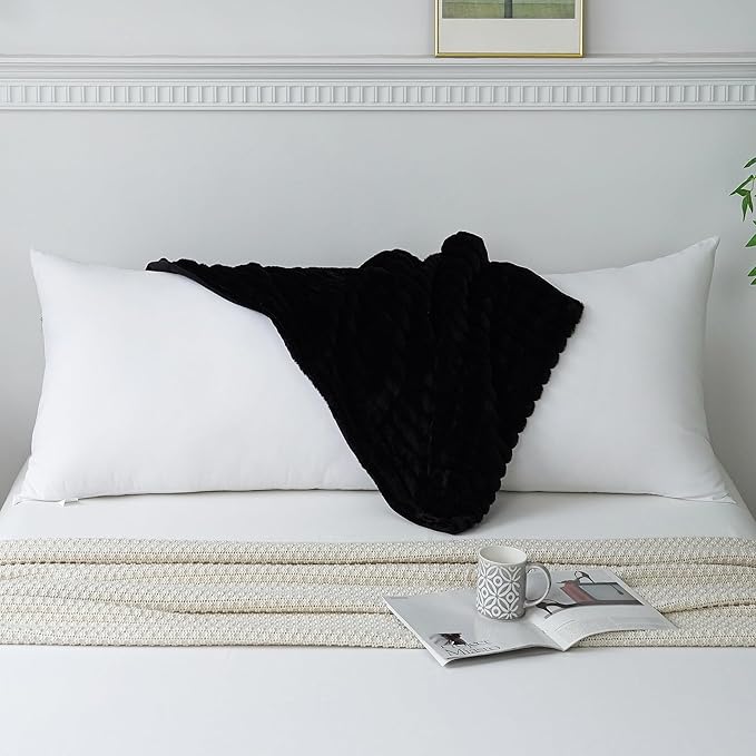 Full Body Pillow with Fluffy Stripe Faux Fur Removable Cover, Long Bed Pillow Adult 20x54 Inches for Side Sleeper and Pregnancy, Black.