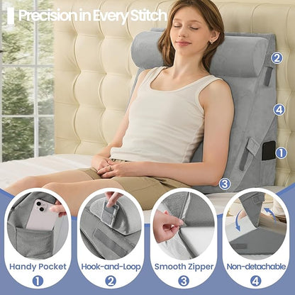 Sasttie Wedge Pillow Set for After Surgery, 2PCS Adjustable Bed Wedge Pillow Headboard with Memory Foam Neck Cushion – for Acid Reflux, Sleeping, Neck & Back Support, Velvet & Light Grey