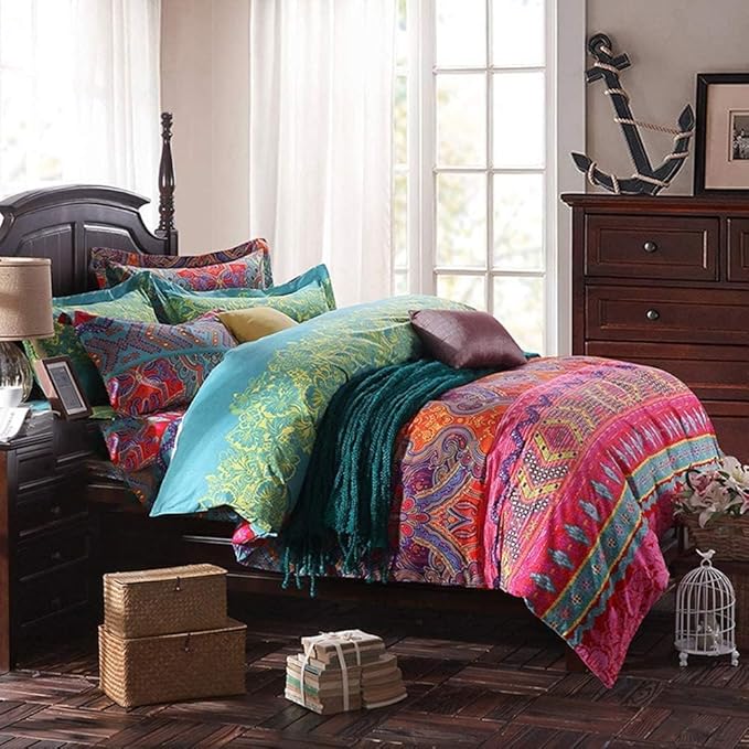 Boho Queen Duvet Cover Soft Cotton 3 Pieces Bedding Sets Queen Boho Exotic Colorful Chic Style Teal Orange Bohemian Retro Print Duvet Cover Queen, with Zipper Closure (NO Comforter)