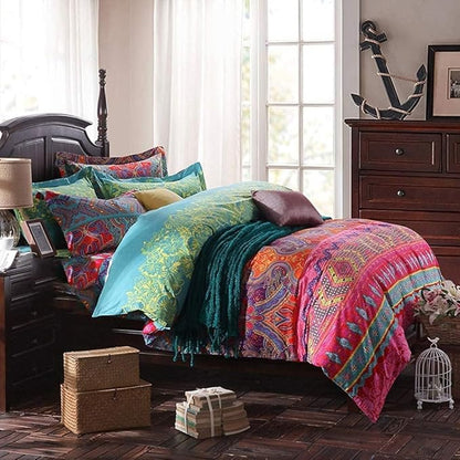 Boho Queen Duvet Cover Soft Cotton 3 Pieces Bedding Sets Queen Boho Exotic Colorful Chic Style Teal Orange Bohemian Retro Print Duvet Cover Queen, with Zipper Closure (NO Comforter)