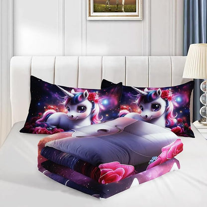 Girls Unicorn Queen Size Bedding Set,Red Rose Flowers Comforter Set for Kids Teens Room Decor,Romantic Starry Sky Galaxy Cute Bedding Sets with 2 Pillowcases.