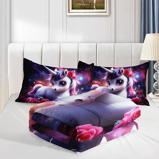 Girls Unicorn Full Size Bedding Set,Red Rose Flowers Comforter Set for Kids Teens Room Decor,Romantic Starry Sky Galaxy Cute Bedding Sets with 2 Pillowcases.