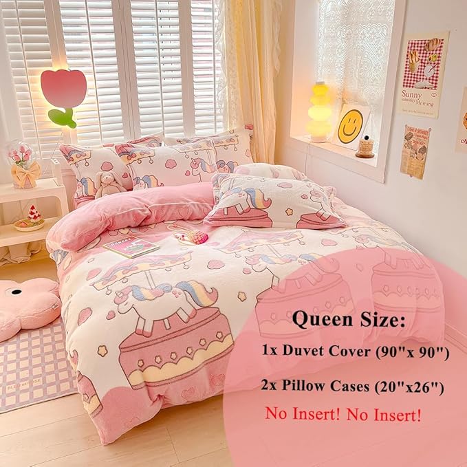 Carousel Kids Duvet Cover Set Queen Pink Kawaii Bedding Set Snowflake Fluffy Comforter Cover Blanket Soft Reversible Duvet Cover Room Decor for Girls Women Boys(Carousel,Queen)