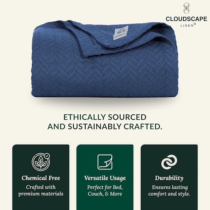 Cloud Scape Linen Herringbone Cotton Twin Blanket for Couch, Bed,Sofa, Home Decor, Soft, Weighted, All-Season, Winter Bed Blanket, Best Gift Idea, 68 x92, Ensign Blue