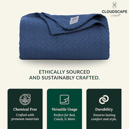 Cloud Scape Linen Herringbone Cotton Throw Blanket for Couch, Bed,Sofa, Home Decor, Soft, Heavy, All-Season, Winter Bed Blanket, Best Gift for Christmas, 50 x 70, Ensign Blue