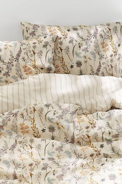 Floral Duvet Cover King 3 Pieces Aesthetic Reversible Striped Bedding Set Farmhouse Botanical Flowers Design Soft Washed Microfibre,1 Beige Duvet Cover with 2 Pillowcases