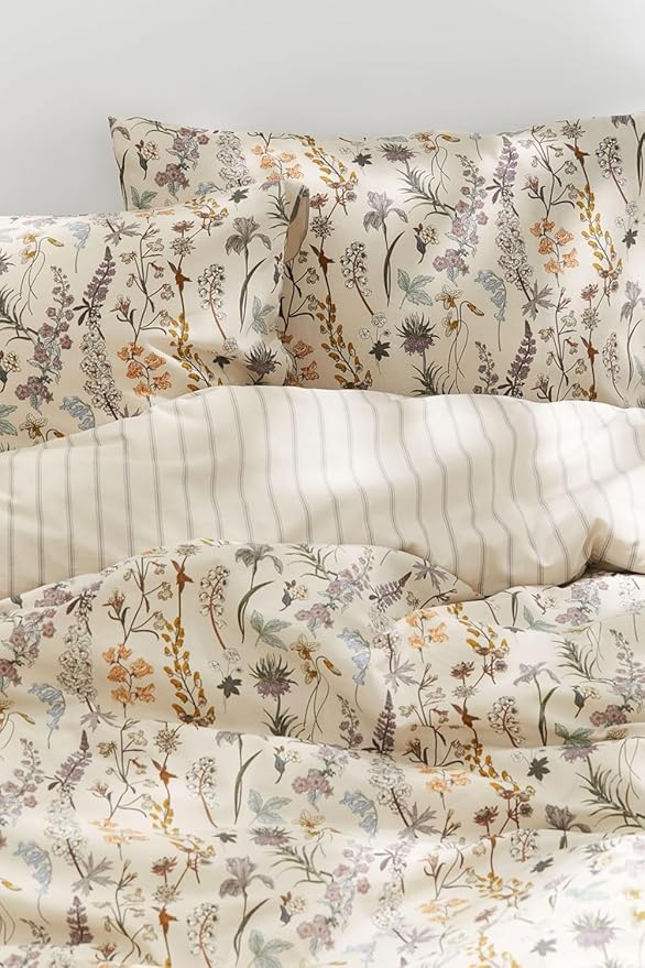 Floral Duvet Cover Twin 2 Pieces Aesthetic Reversible Striped Bedding Set Farmhouse Botanical Flowers Design Soft Washed Microfibre,1 Beige Duvet Cover with 1 Pillowcase