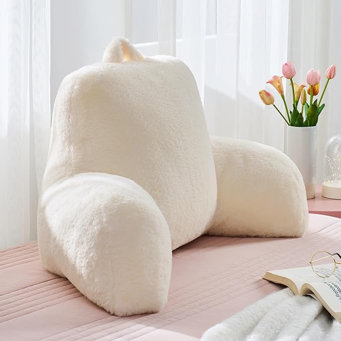 Faux Fur Reading Pillow for Bed/Couch/Floor/Dorm, Great Cozy Back Pillow for Bed Sitting Up, Fluffy Fur Bed Pillow for Sitting Up for Adults/Teens/Kids, Upgrade Back Support Pillow, Ivory