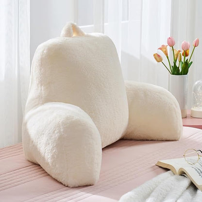 Faux Fur Reading Pillow for Bed/Couch/Floor/Dorm, Great Cozy Back Pillow for Bed Sitting Up, Fluffy Fur Bed Pillow for Sitting Up for Adults/Teens/Kids, Upgrade Back Support Pillow, Ivory