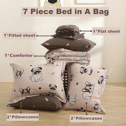 Kids Comforter Set 7 Piece Bedding Cute Dog Cartoon Animal Bed Microfiber Comforter Queen Size All Season (1 Comforter, 1 Flat Sheet, 1 Fitted Sheet, 4 Pillowcase)