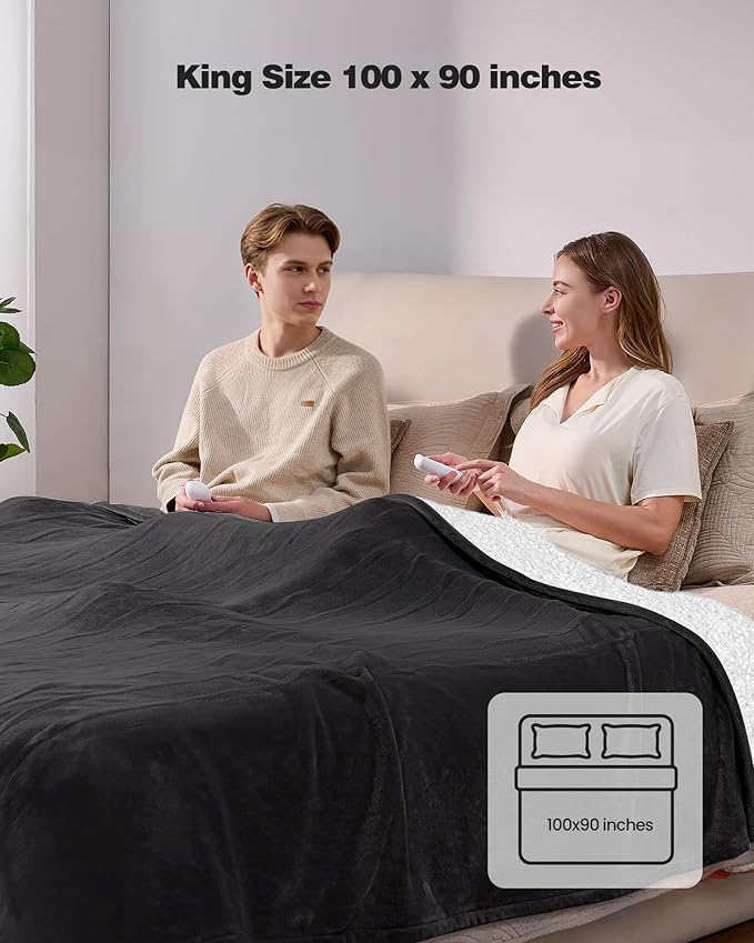 Electric Blanket King- Soft Heating Blanket, Dual Control & 9 Heat Levels, 10H Timer, Soft Flannel to Sherpa, Fast Heating Electric Throw, Machine Washable, Gift for Mom, Dad, 90"x100" Black