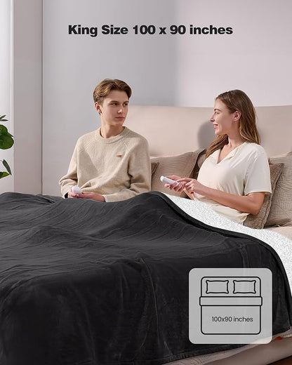Electric Blanket King- Soft Heating Blanket, Dual Control & 9 Heat Levels, 10H Timer, Soft Flannel to Sherpa, Fast Heating Electric Throw, Machine Washable, Gift for Mom, Dad, 90"x100" Black